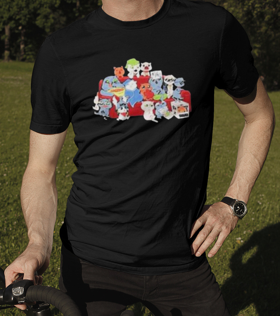 Lirik Couch Gang Cat Characters On Red Sofa With Snacks T-Shirt