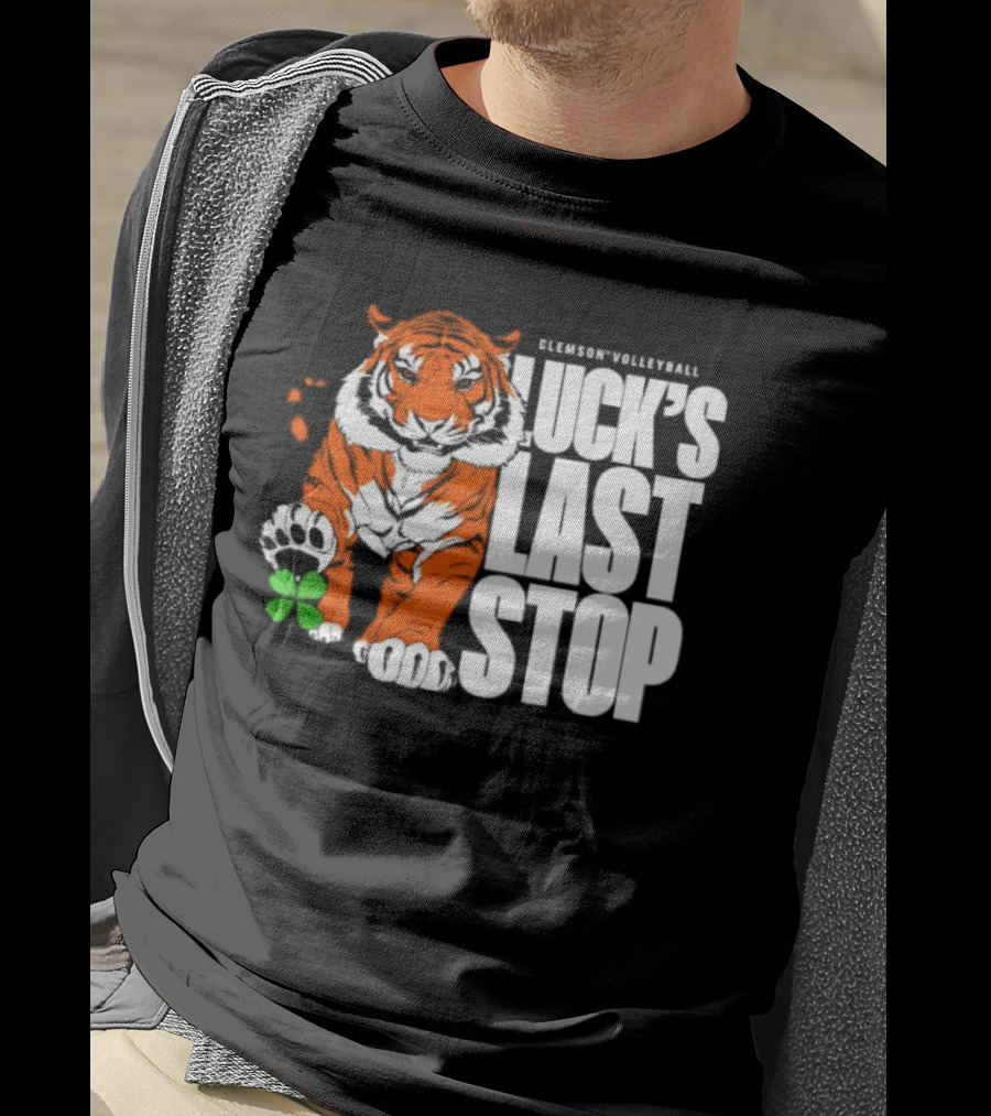 Clemson Volleyball Tiger Luck's Last Stop Tiger Paw With Clover T-Shirt