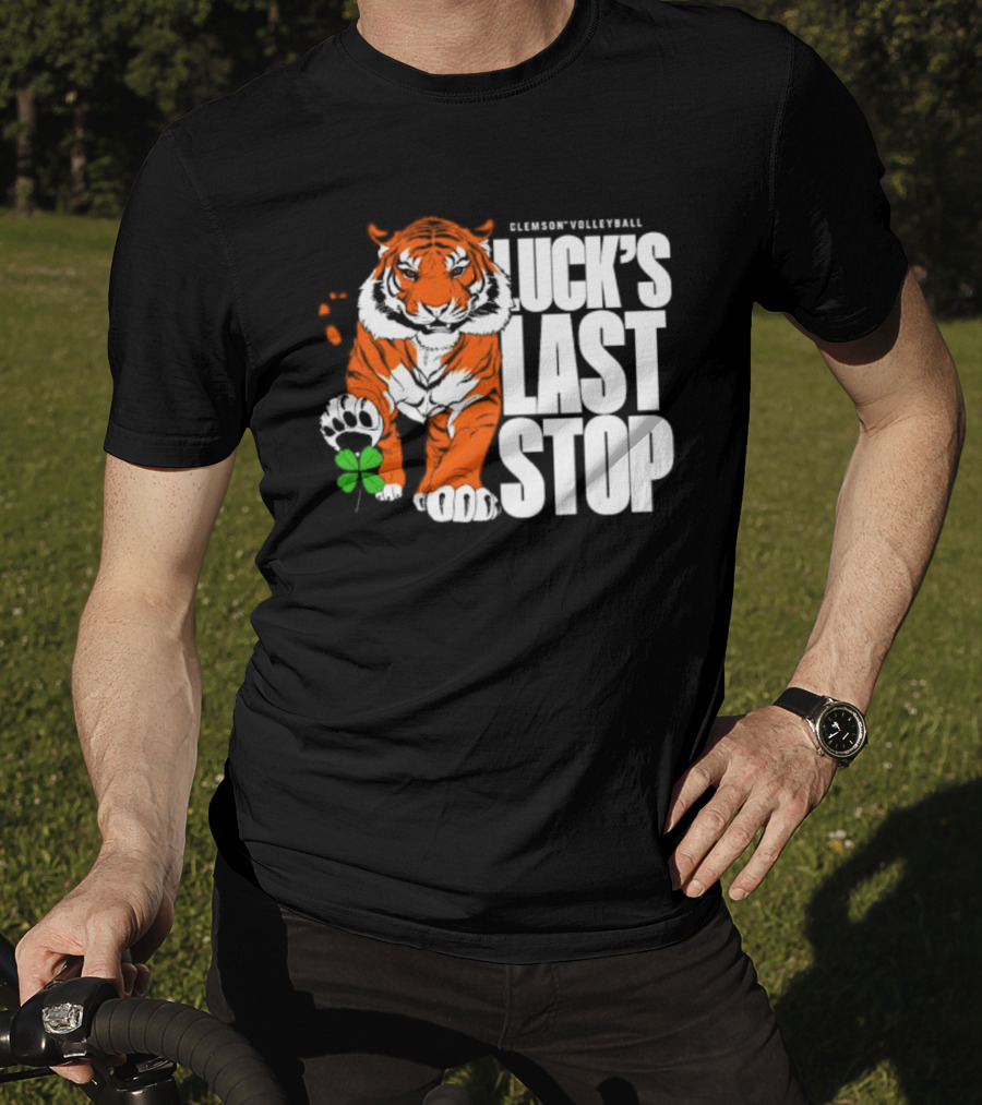 Clemson Volleyball Tiger Luck's Last Stop Tiger Paw With Clover T-Shirt