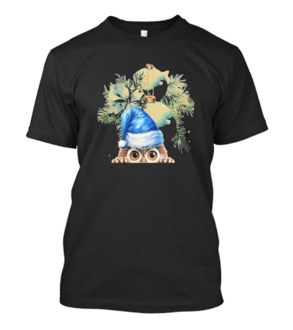 Funny Christmas Owl With Blue Santa Hat And Pine Tree Garland T-Shirt
