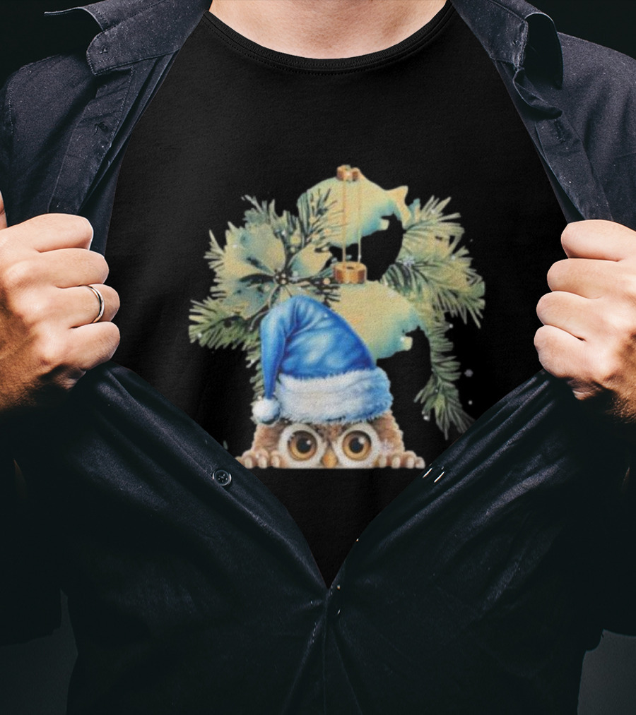 Funny Christmas Owl With Blue Santa Hat And Pine Tree Garland T-Shirt