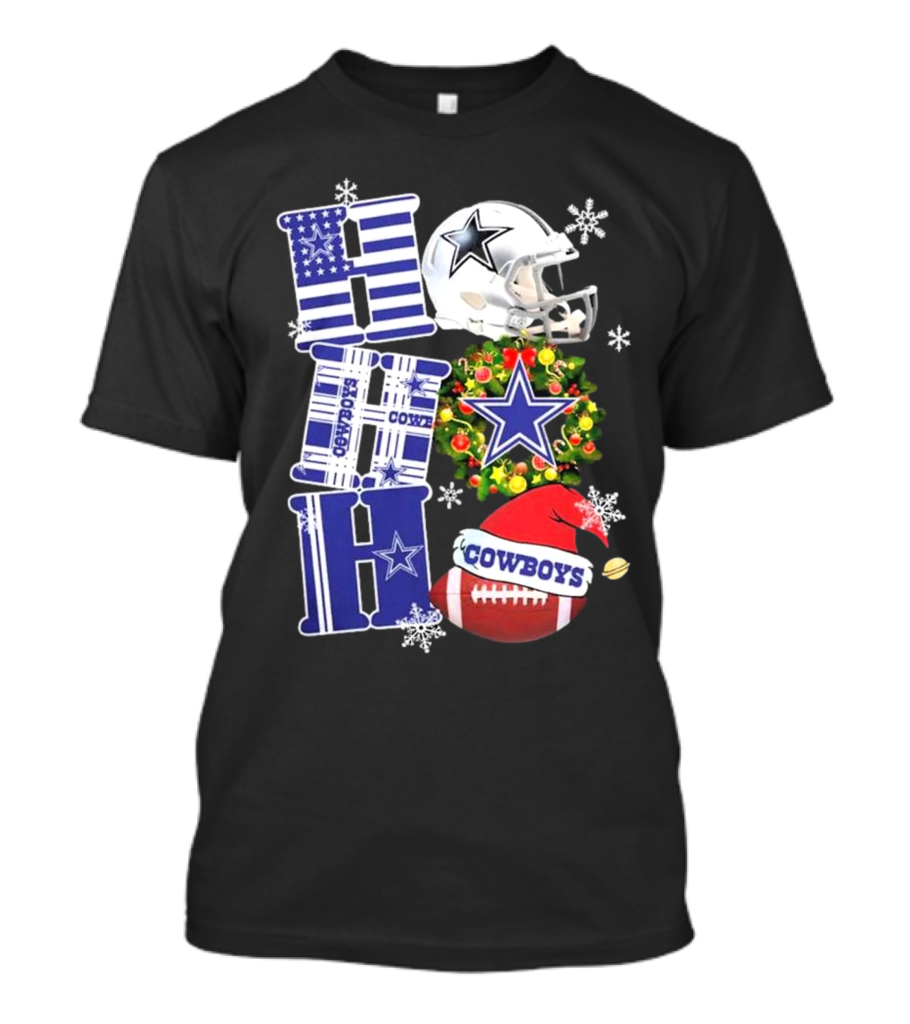 Dallas Cowboys Ho Ho Ho Merry Christmas Football Helmet Wreath Snowflakes T-Shirt