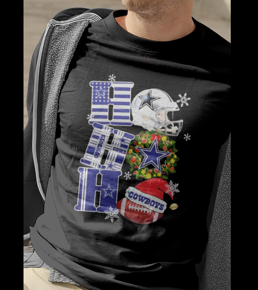 Dallas Cowboys Ho Ho Ho Merry Christmas Football Helmet Wreath Snowflakes T-Shirt