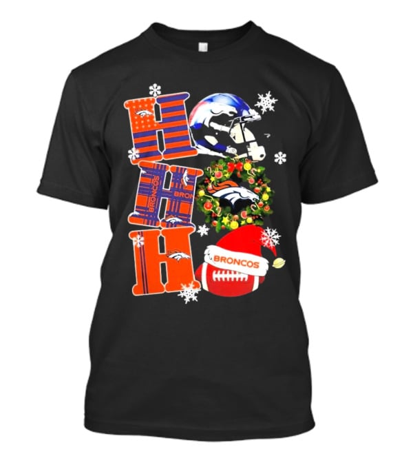 Denver Broncos Ho Ho Ho Merry Christmas Football Helmet Wreath Snowflakes Santa Hat T-Shirt