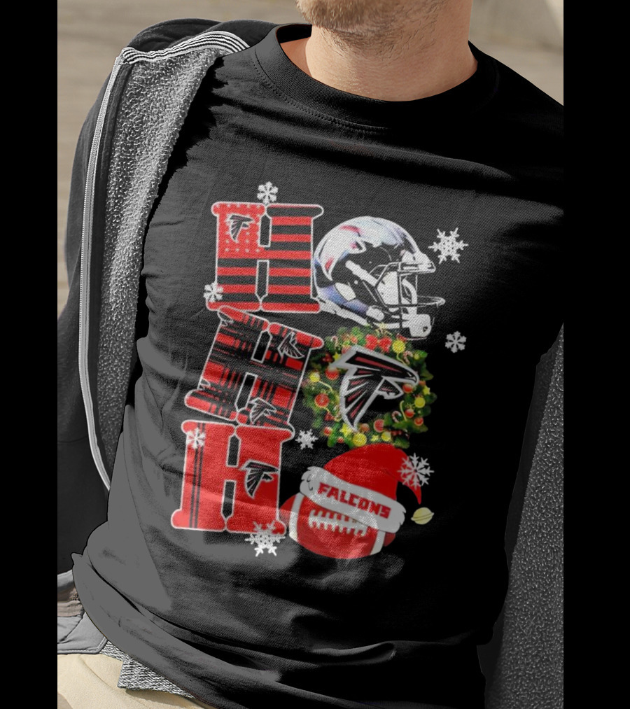 Atlanta Falcons Ho Ho Ho Merry Christmas Helmet Wreath Snowflakes Football Holiday T-Shirt