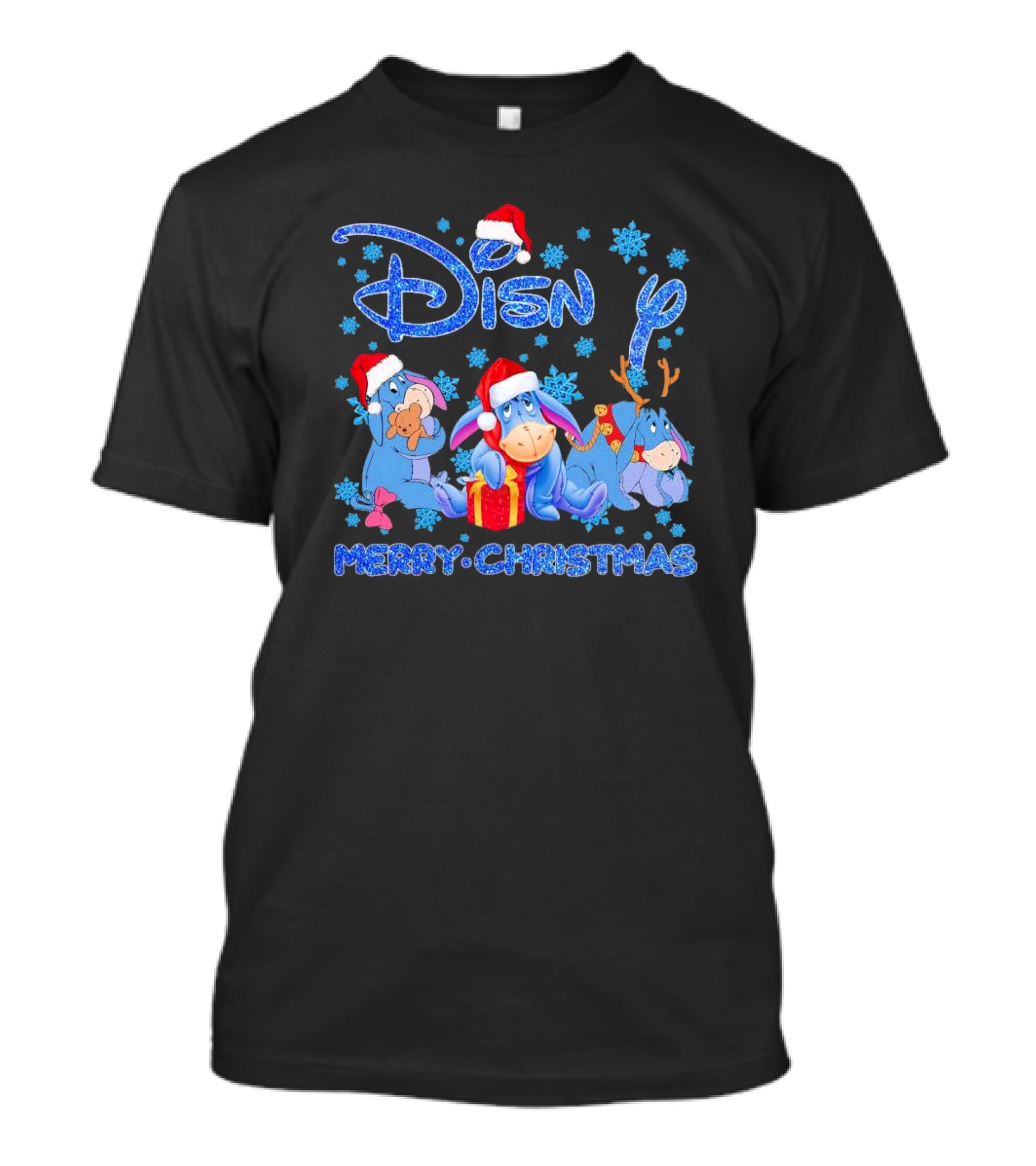 Disney Eeyore Santa Hat Winnie-the-Pooh Merry Christmas Snowflakes T-Shirt