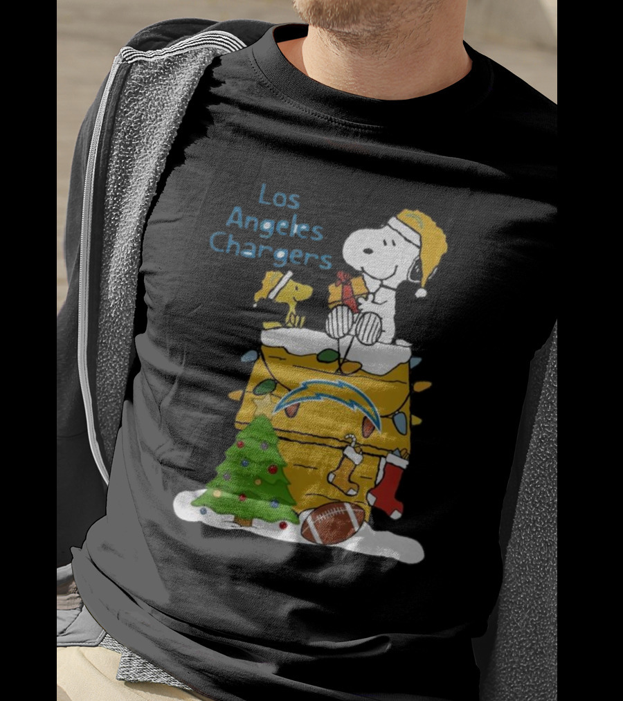 Santa Snoopy Woodstock Los Angeles Chargers Christmas Tree Football Socks T-Shirt