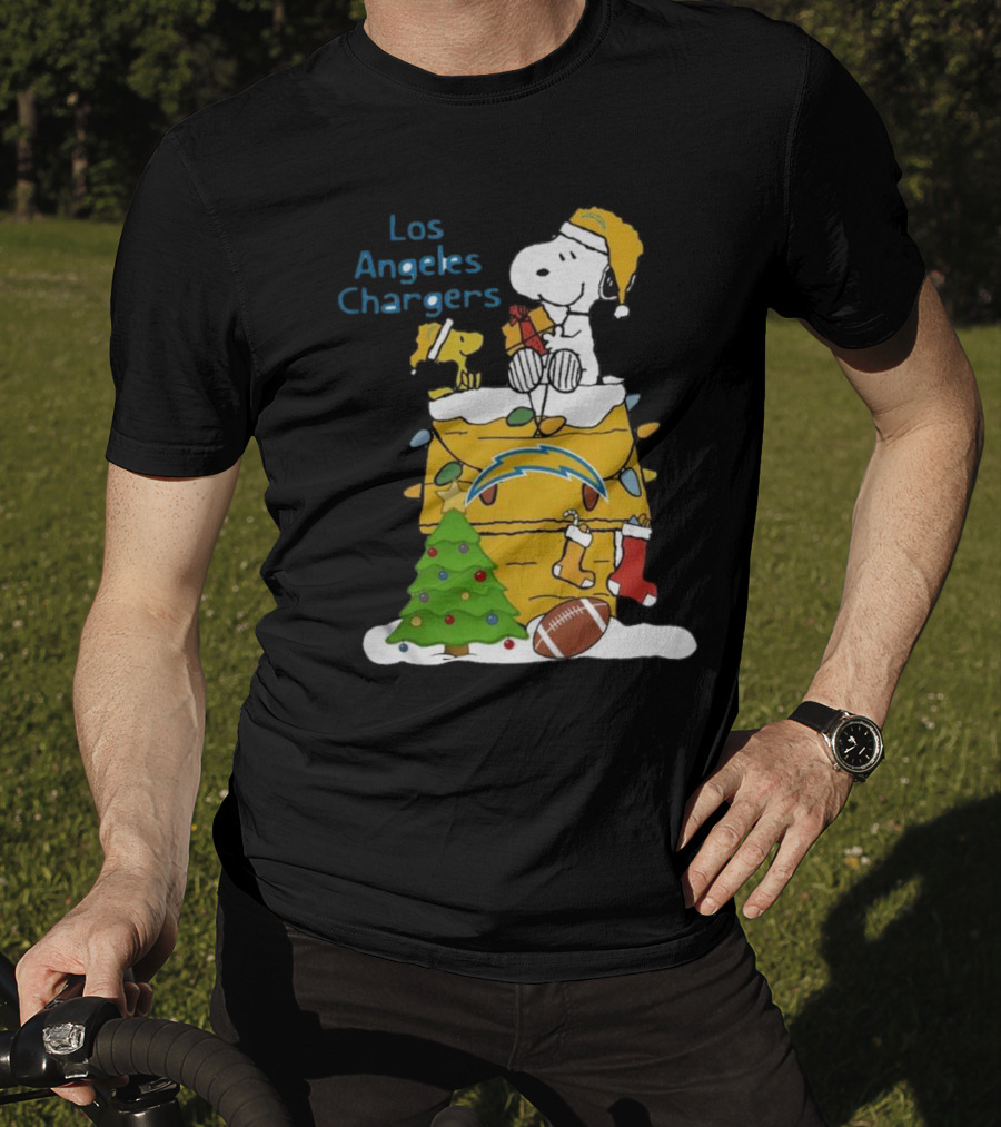 Santa Snoopy Woodstock Los Angeles Chargers Christmas Tree Football Socks T-Shirt