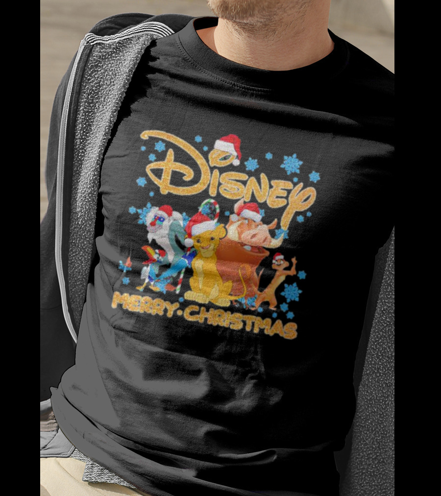 Disney Merry Christmas The Lion King Characters Santa Hats Snowflakes T-Shirt