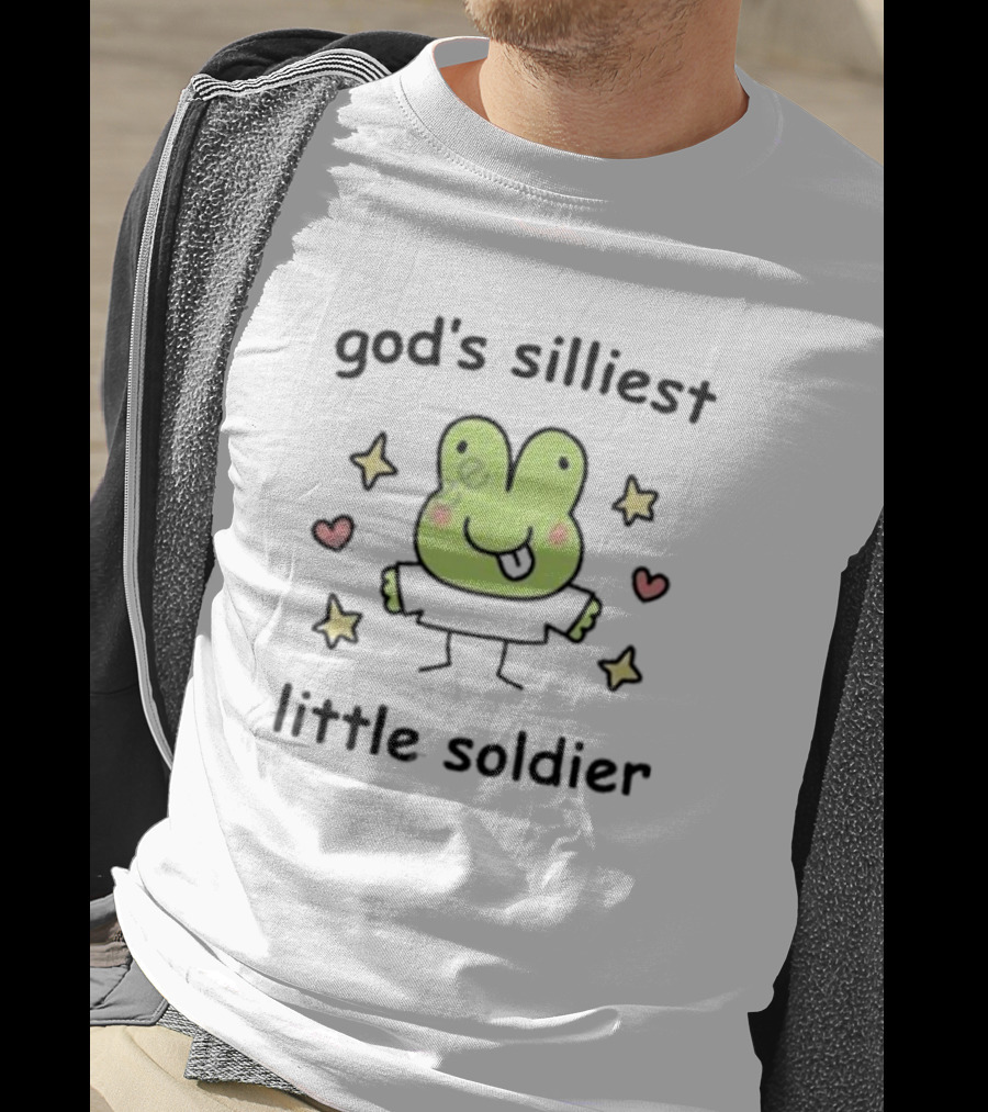 God's Silliest Little Soldier Cute Cartoon Frog With Stars And Hearts T-Shirt