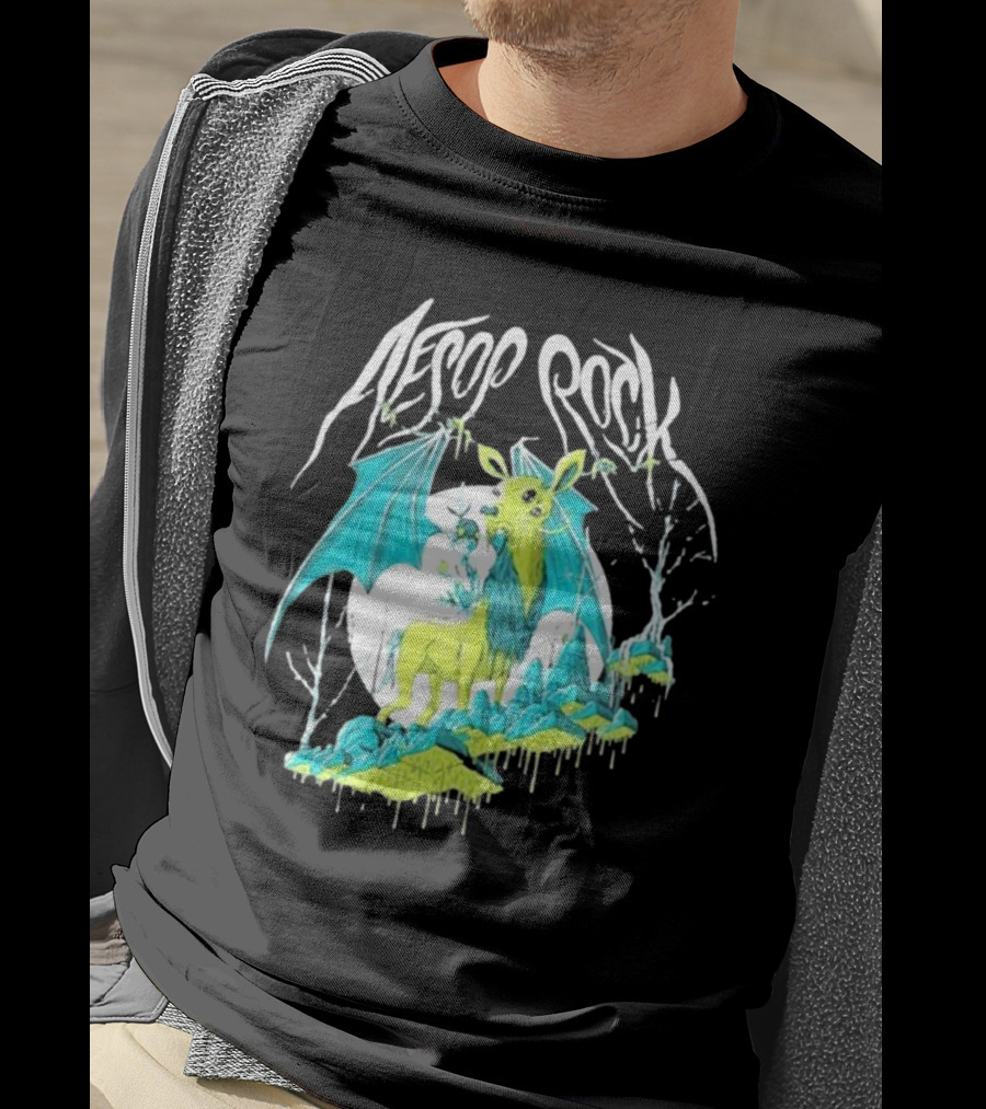 Aesop Rock Mythical Creature With Bat Wings And Moon Background T-Shirt