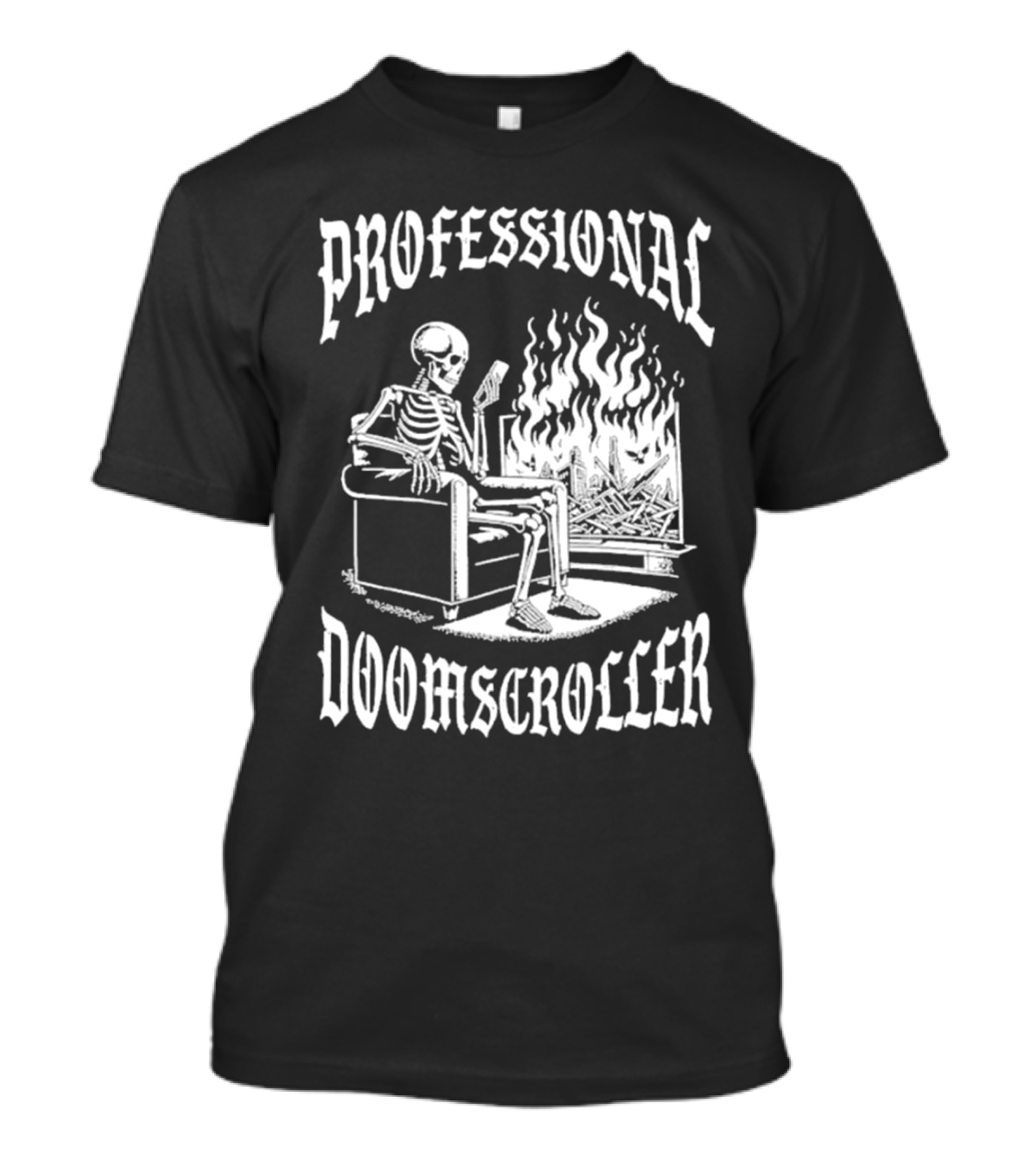 Professional Doomscroller Skeleton By Fireplace T-Shirt