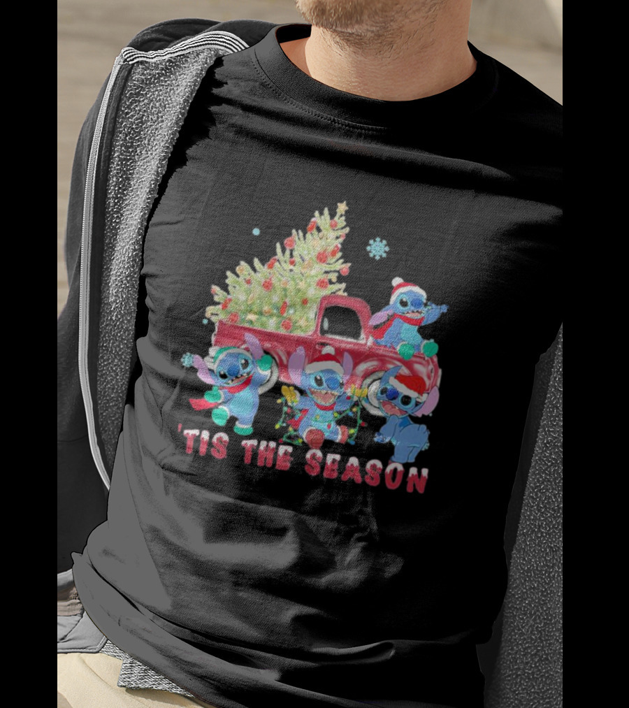 Stitch Tis The Season Christmas Santa Claus With Tree And Truck T-Shirt