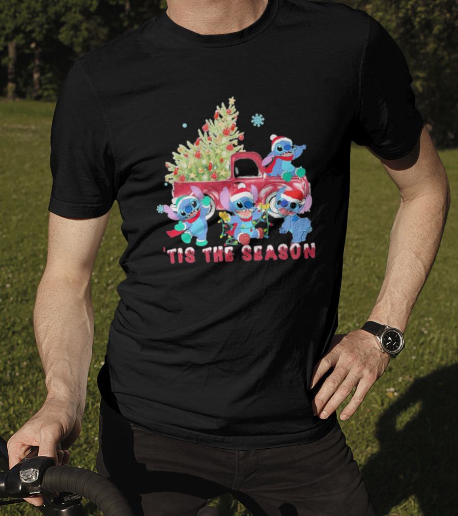 Stitch Tis The Season Christmas Santa Claus With Tree And Truck T-Shirt