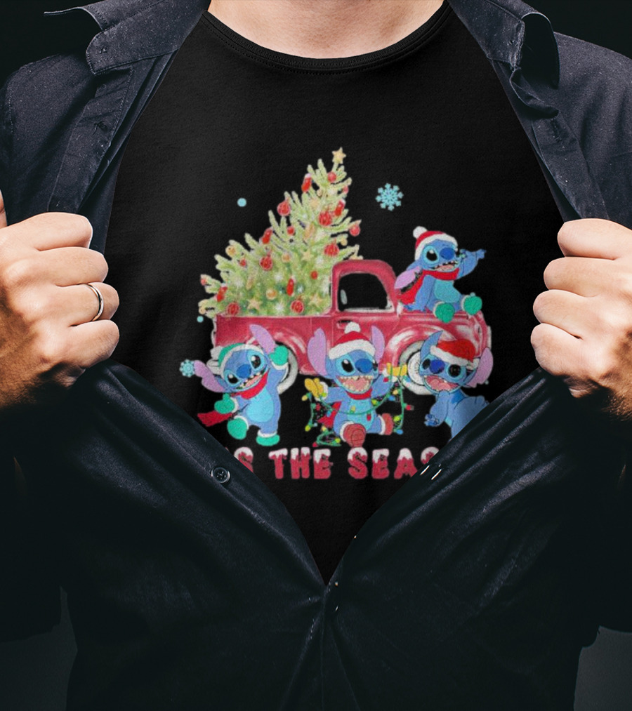 Stitch Tis The Season Christmas Santa Claus With Tree And Truck T-Shirt