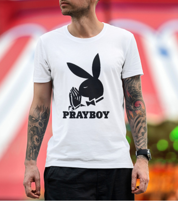 Premium T-Shirt: PRAYBOY Bunny Image with Hands in Prayer Iconic Reference T-Shirt PRAYBOY Bunny Image with Hands in Prayer Iconic Reference T-Shirt