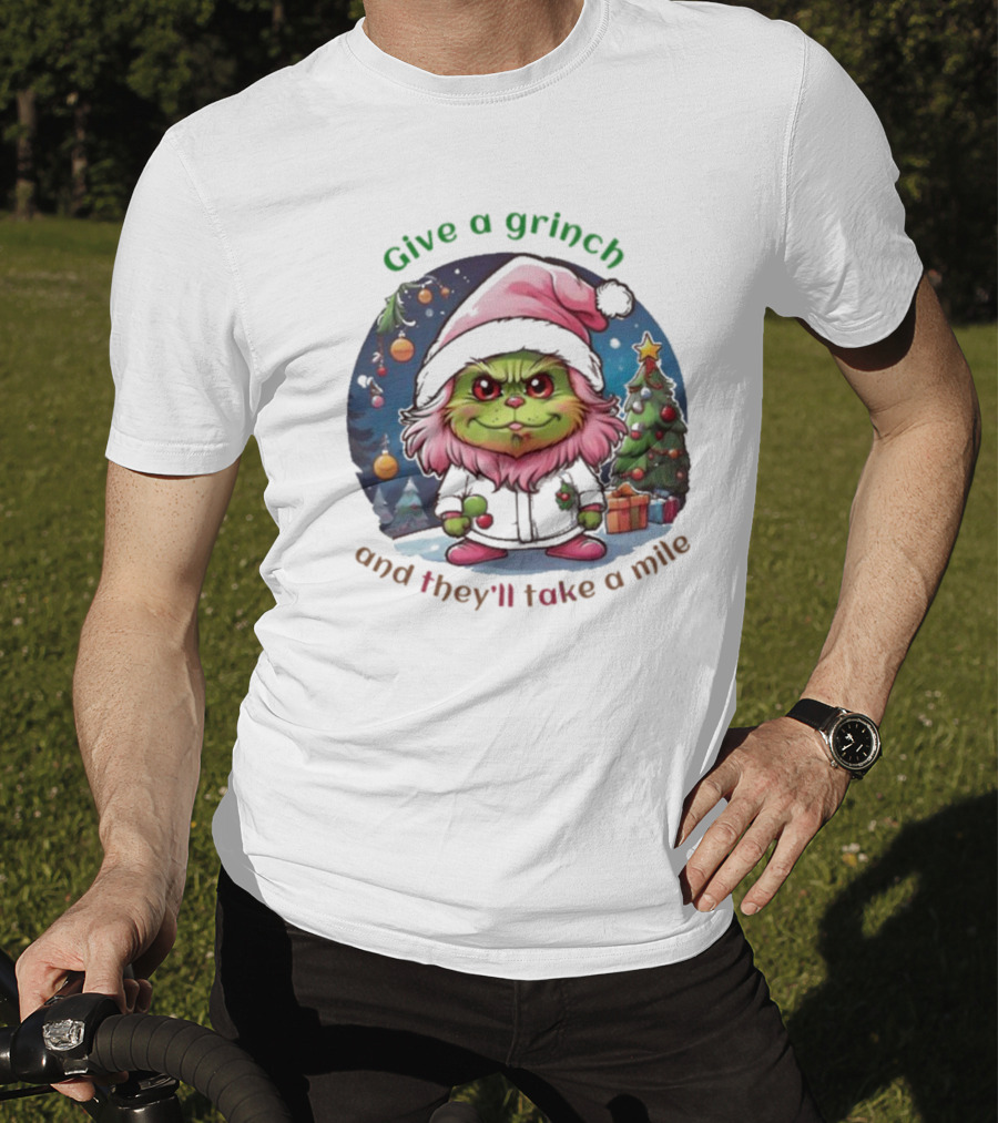 Chibi Pink Grinch Christmas Scene Give A Grinch And They’ll Take A Mile T-Shirt