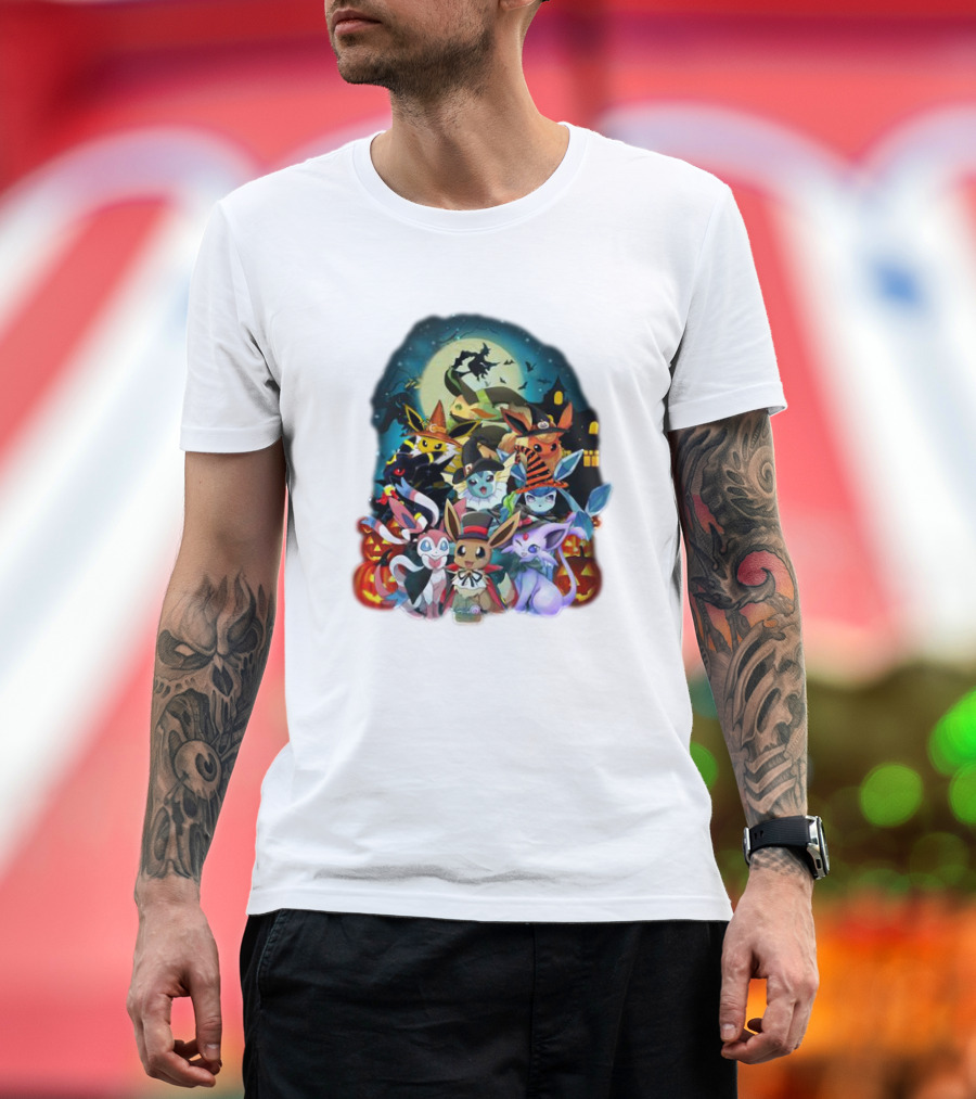 Halloween Eevee All Evolutions with Pumpkins and Witch Hat Moon Scene T-Shirt