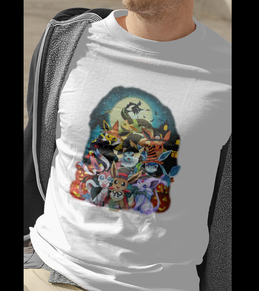 Halloween Eevee All Evolutions With Pumpkins And Witch Hat Moon Scene T-Shirt