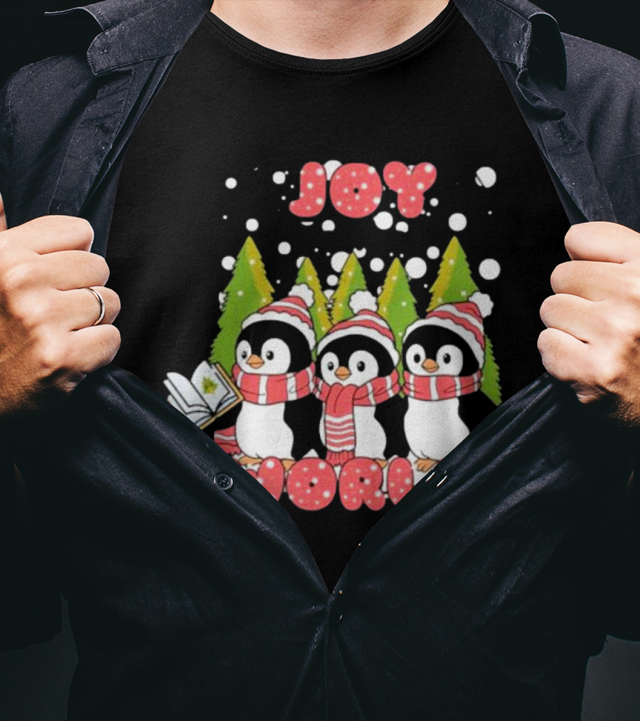 Joy World Penguins Singing With Trees And Snowflakes T-Shirt