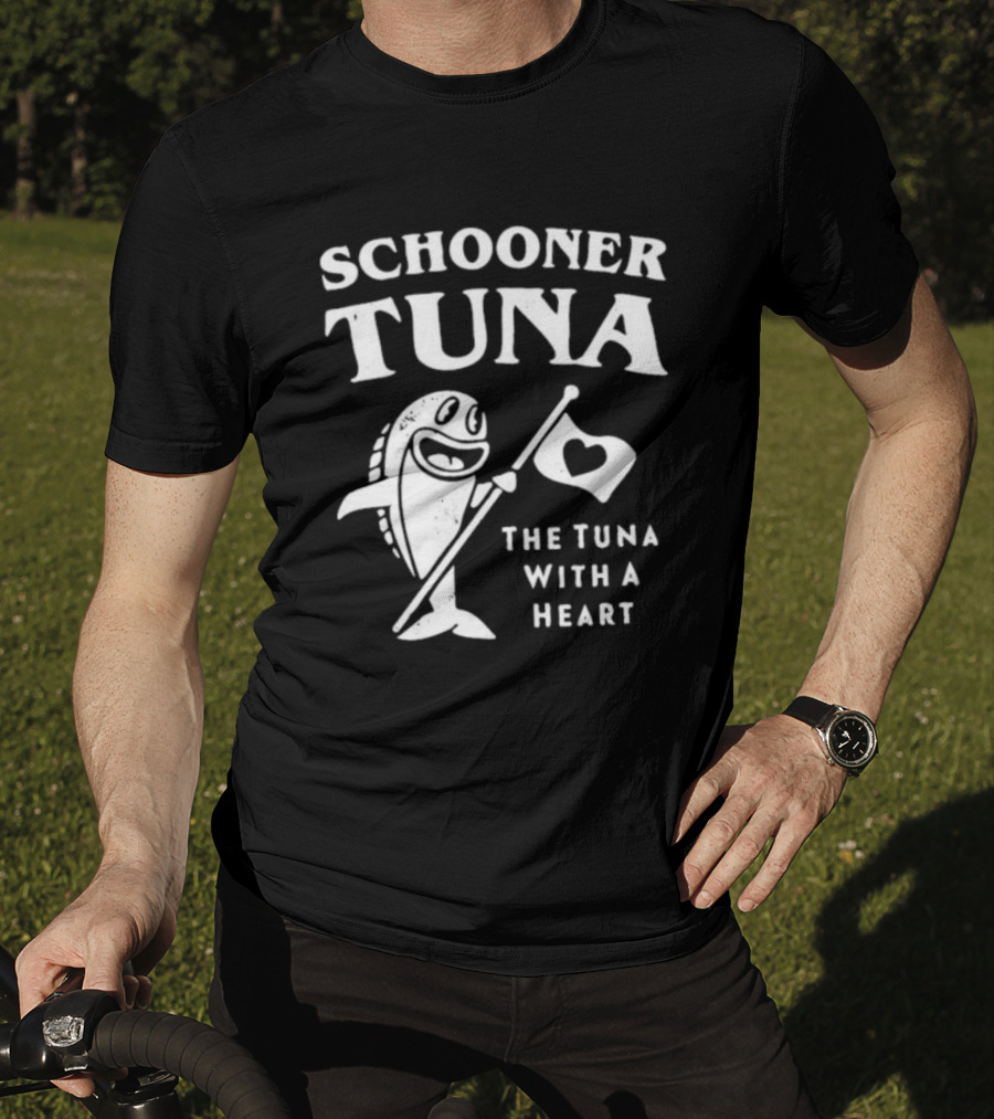 Schooner Tuna The Tuna With A Heart Cheerful Fish Holding Heart Flag T-Shirt