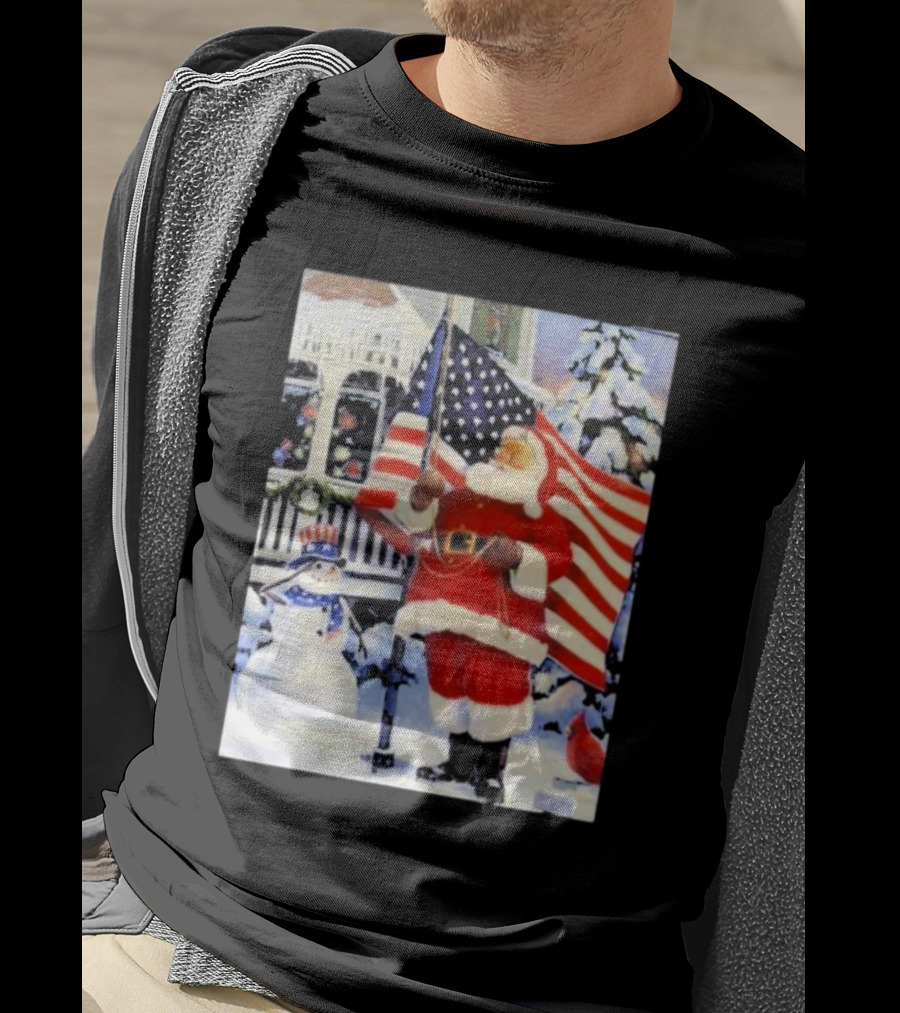Santa Claus And Snowman With American Flag In Winter Scene T-Shirt