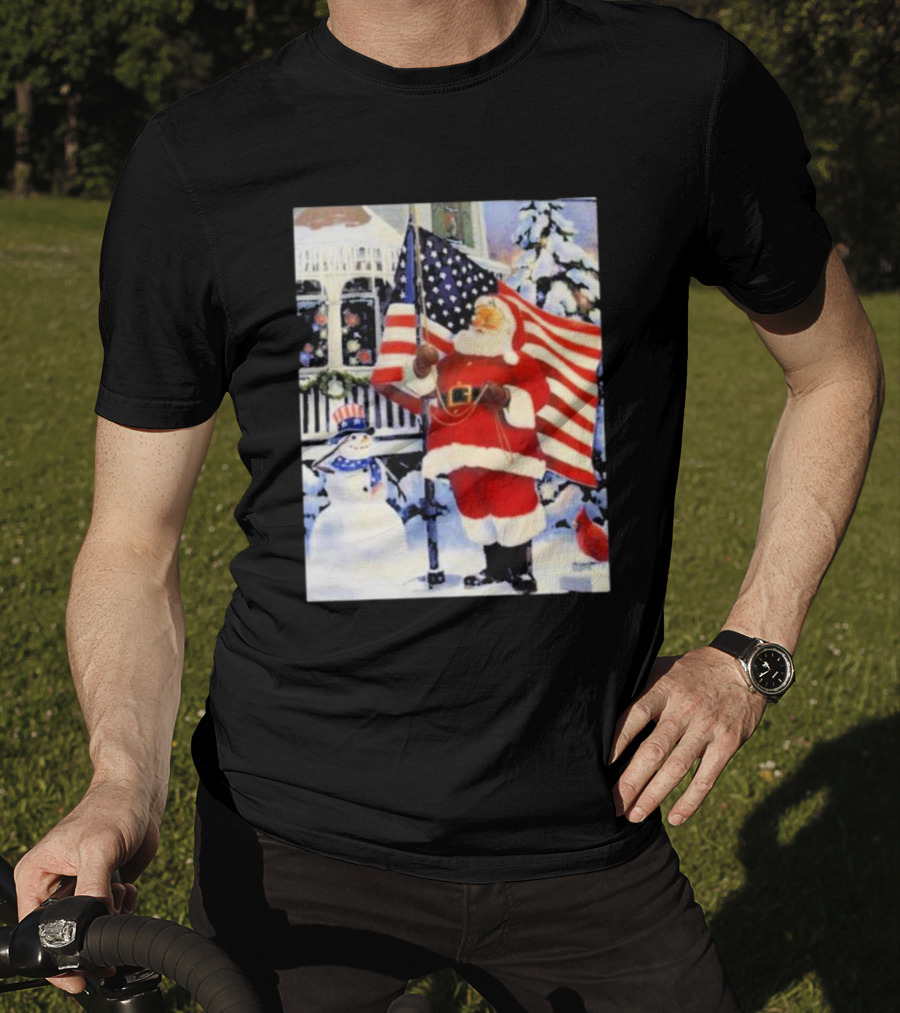 Santa Claus And Snowman With American Flag In Winter Scene T-Shirt