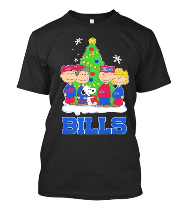Peanuts Characters With Buffalo Bills Christmas Tree And Snowflakes T-Shirt