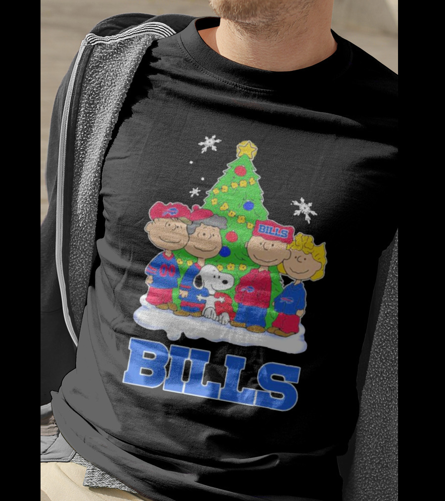 Peanuts Characters With Buffalo Bills Christmas Tree And Snowflakes T-Shirt