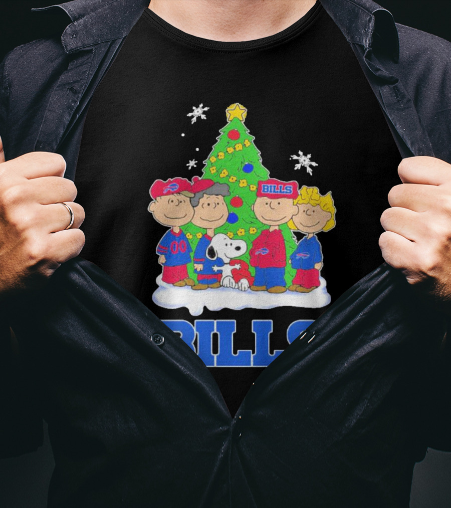Peanuts Characters With Buffalo Bills Christmas Tree And Snowflakes T-Shirt