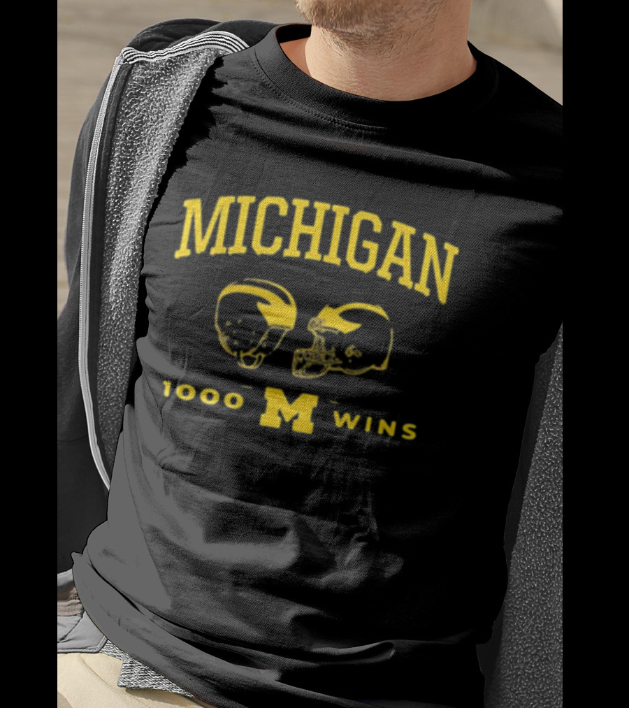 Michigan Wolverines Football 1000 Wins Celebration Dual Helmet T-Shirt