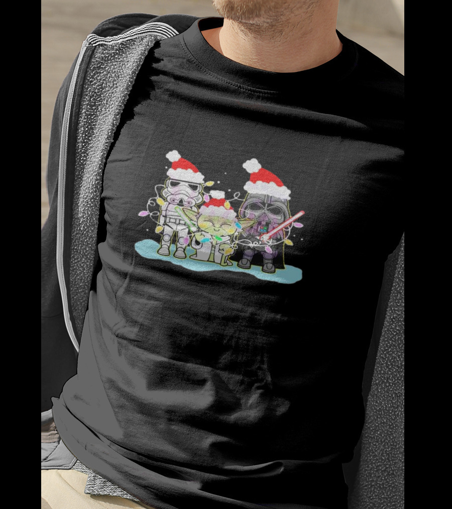 Star Wars Characters Santa Hat Christmas Lights Funny Vibes T-Shirt
