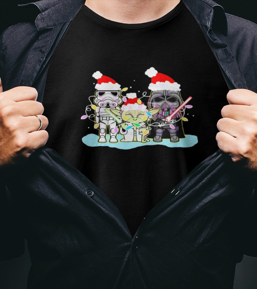 Star Wars Characters Santa Hat Christmas Lights Funny Vibes T-Shirt