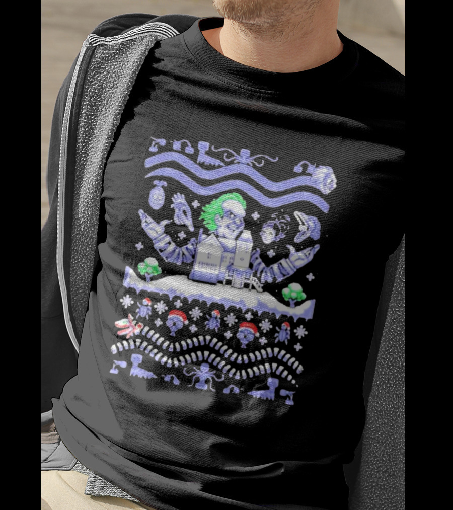 Christmas Beetlejuice Snowy House Scene And Ghostly Icons T-Shirt