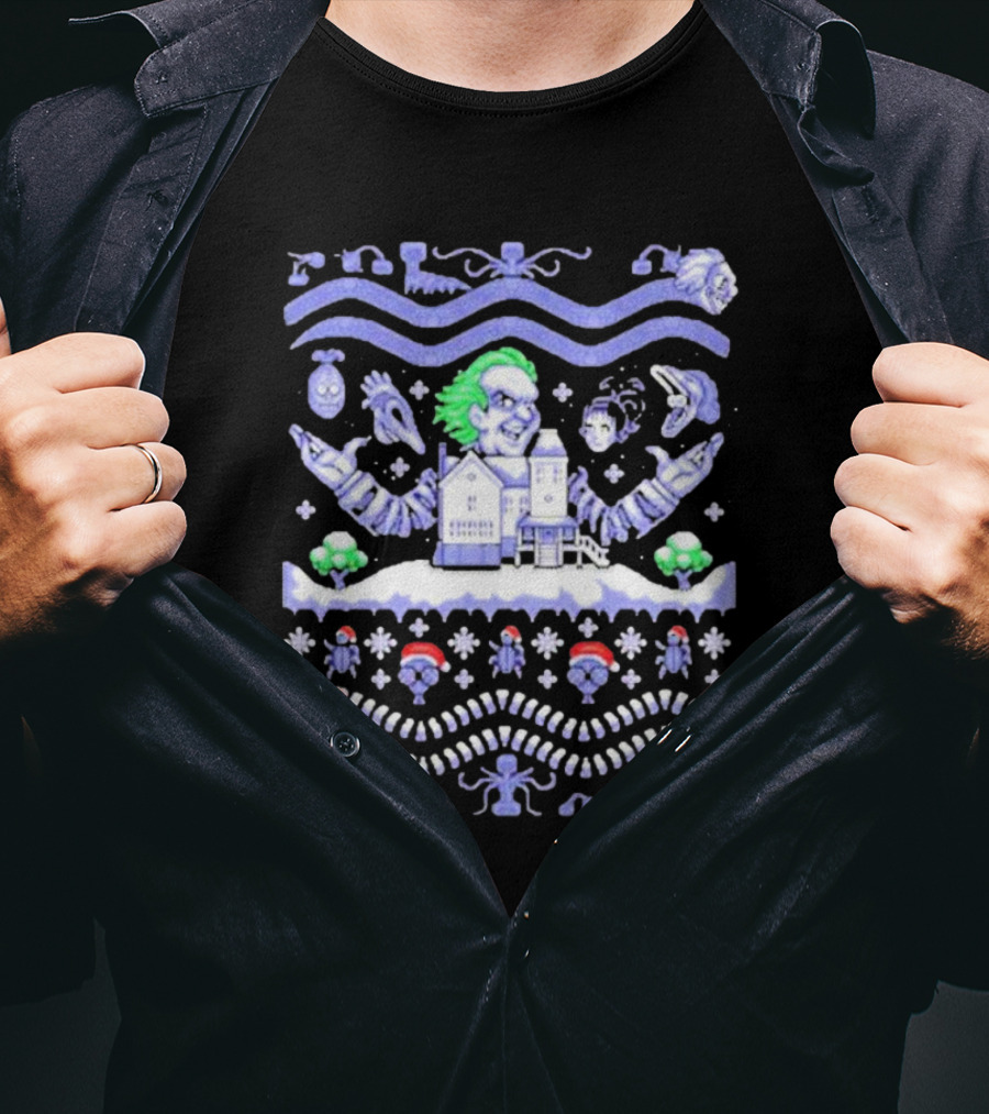 Christmas Beetlejuice Snowy House Scene And Ghostly Icons T-Shirt