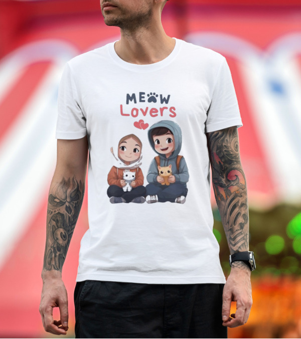 Premium T-Shirt: Meow Lovers Cute Boy and Girl with Kittens T-Shirt Meow Lovers Cute Boy and Girl with Kittens T-Shirt