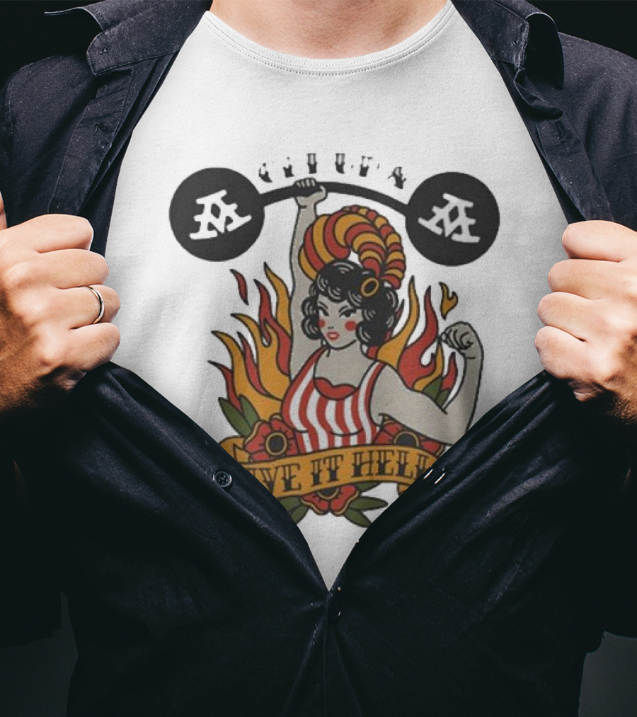 Get Up Give It Hell Retro Strongwoman Flames Barber Pole Haircurl Stripes Roses Boxing Gym Vintage T-Shirt