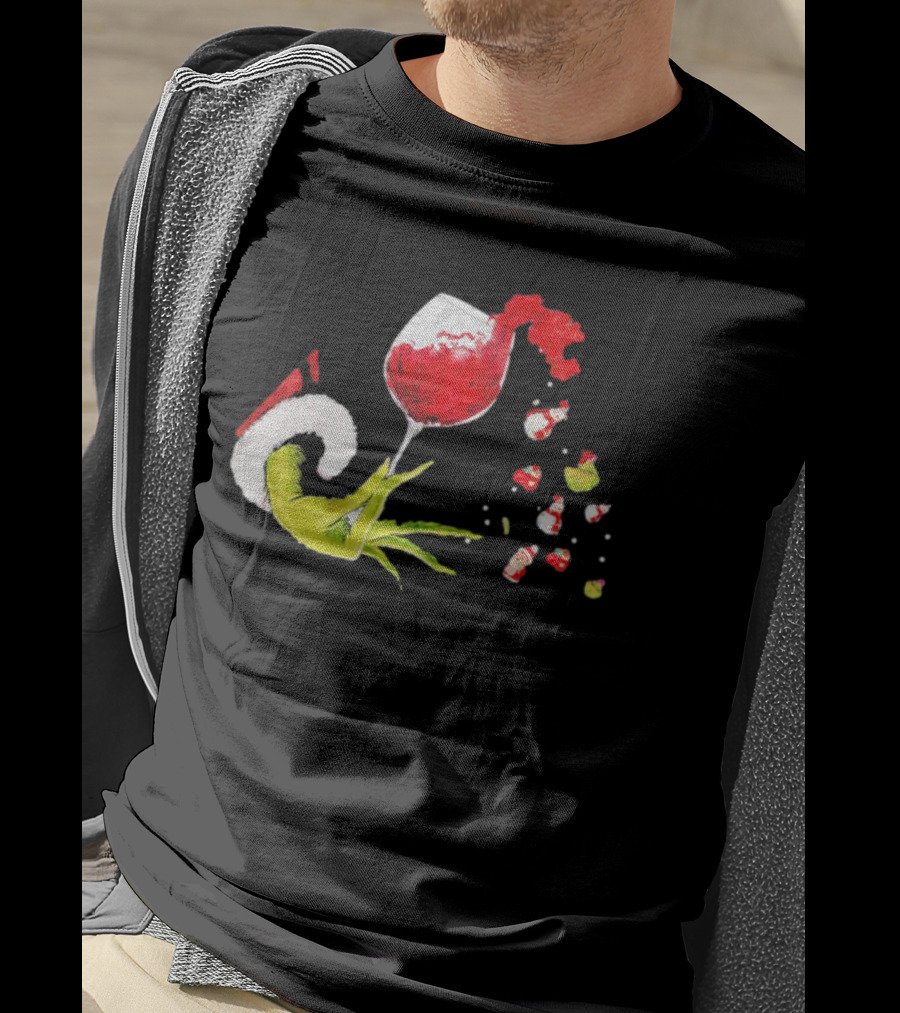 Grinch Hand Christmas Wine Glass Festive Holiday T-Shirt