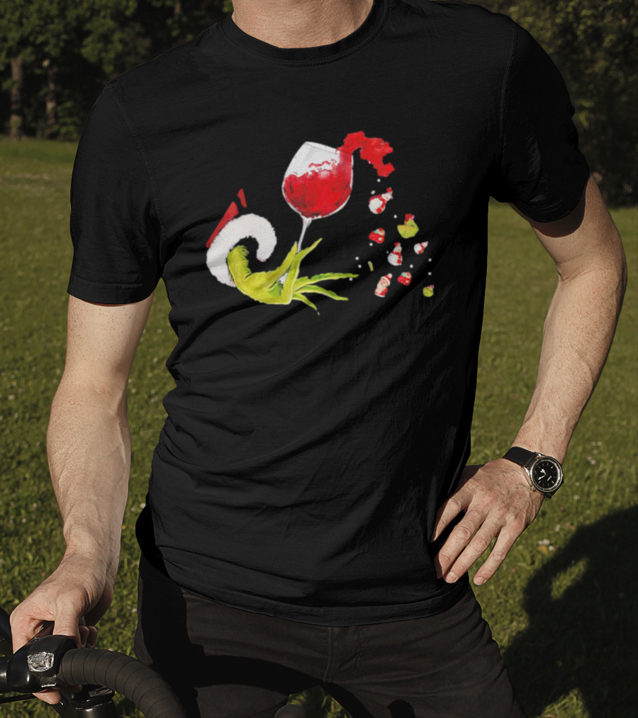 Grinch Hand Christmas Wine Glass Festive Holiday T-Shirt