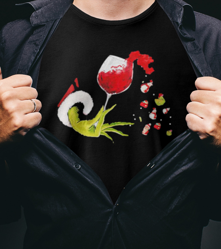 Grinch Hand Christmas Wine Glass Festive Holiday T-Shirt