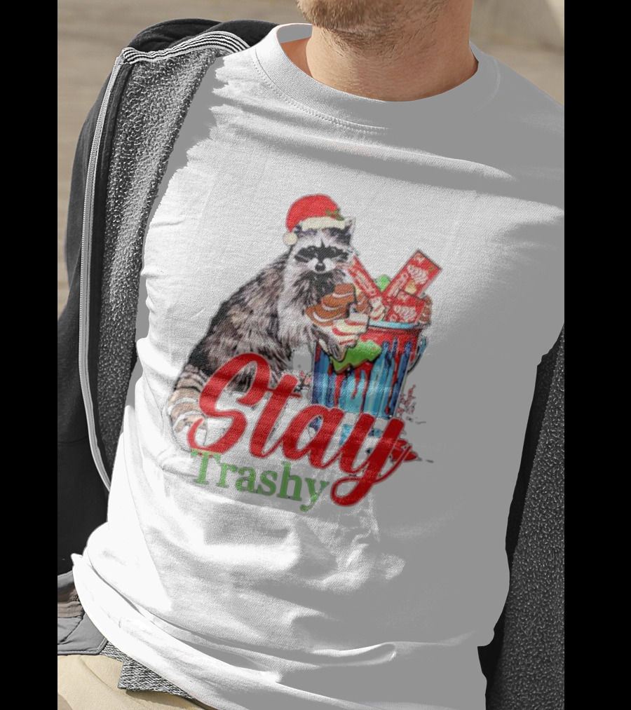 Stay Trashy Christmas Raccoon Xmas Lover With Santa Hat T-Shirt