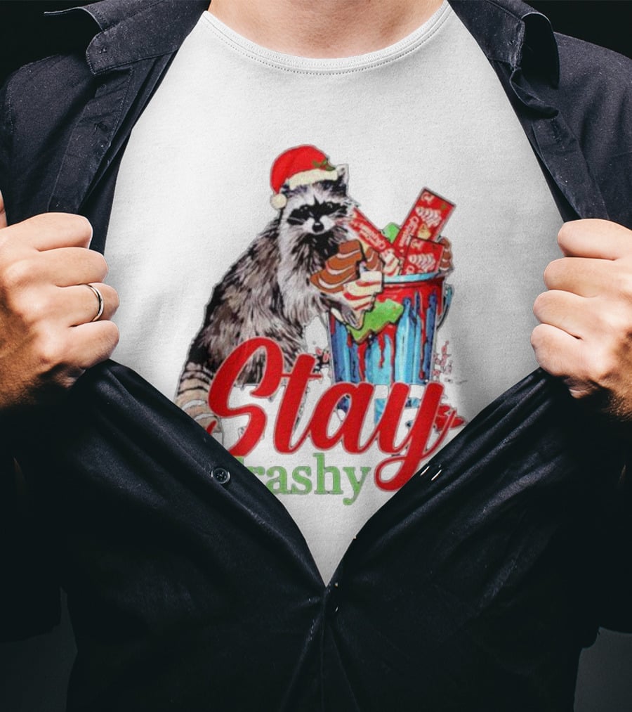 Stay Trashy Christmas Raccoon Xmas Lover With Santa Hat T-Shirt