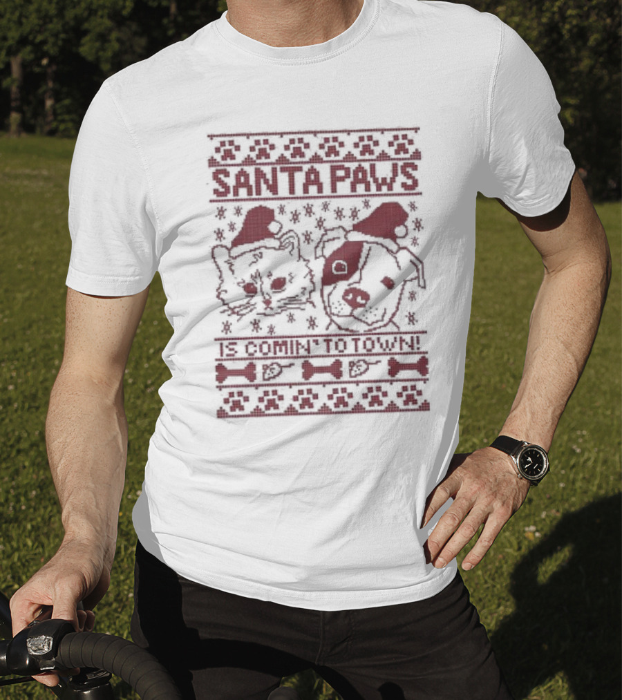 Santa Paws Cat And Dog Christmas Sweater Is Comin' To Town T-Shirt