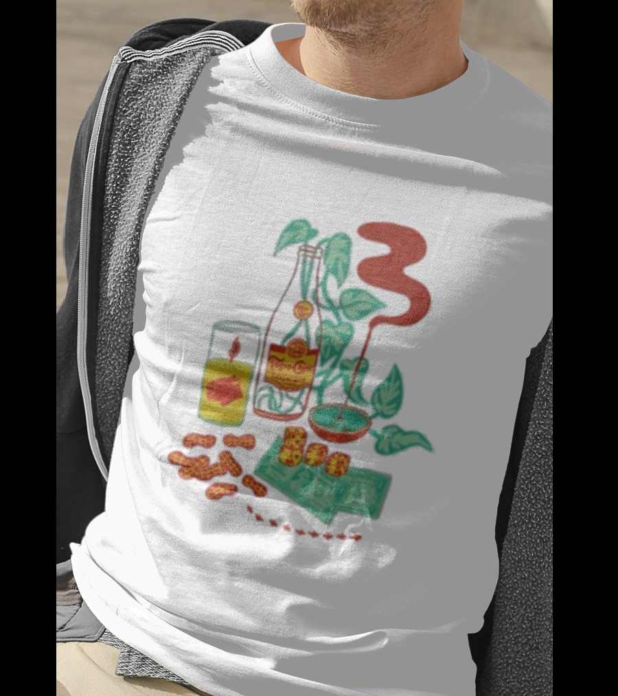 Quarenscene Natural Topo Chico Bottle With Dice, Peanuts, Dollar Bills, Glass, And Smoking Pipe Scene T-Shirt