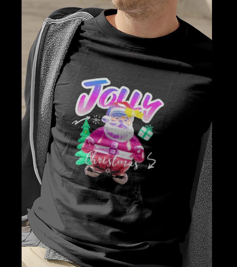 Jolly Merry Christmas Santa Balloon With Gift And Christmas Tree T-Shirt