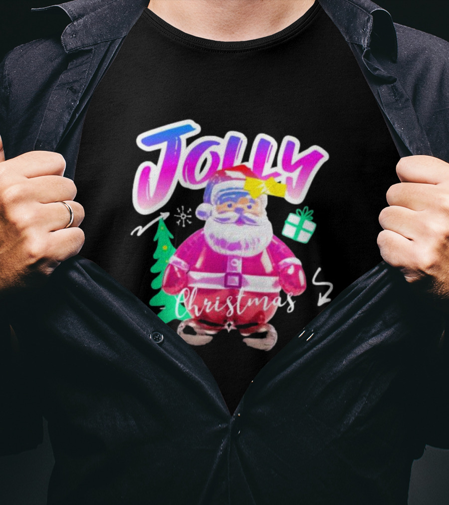 Jolly Merry Christmas Santa Balloon With Gift And Christmas Tree T-Shirt