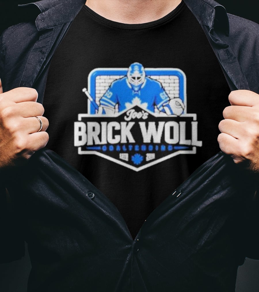Joe's Brick Woll Goaltending Hockey Maple Leafs 60 Blue Goalie Blocking Net T-Shirt