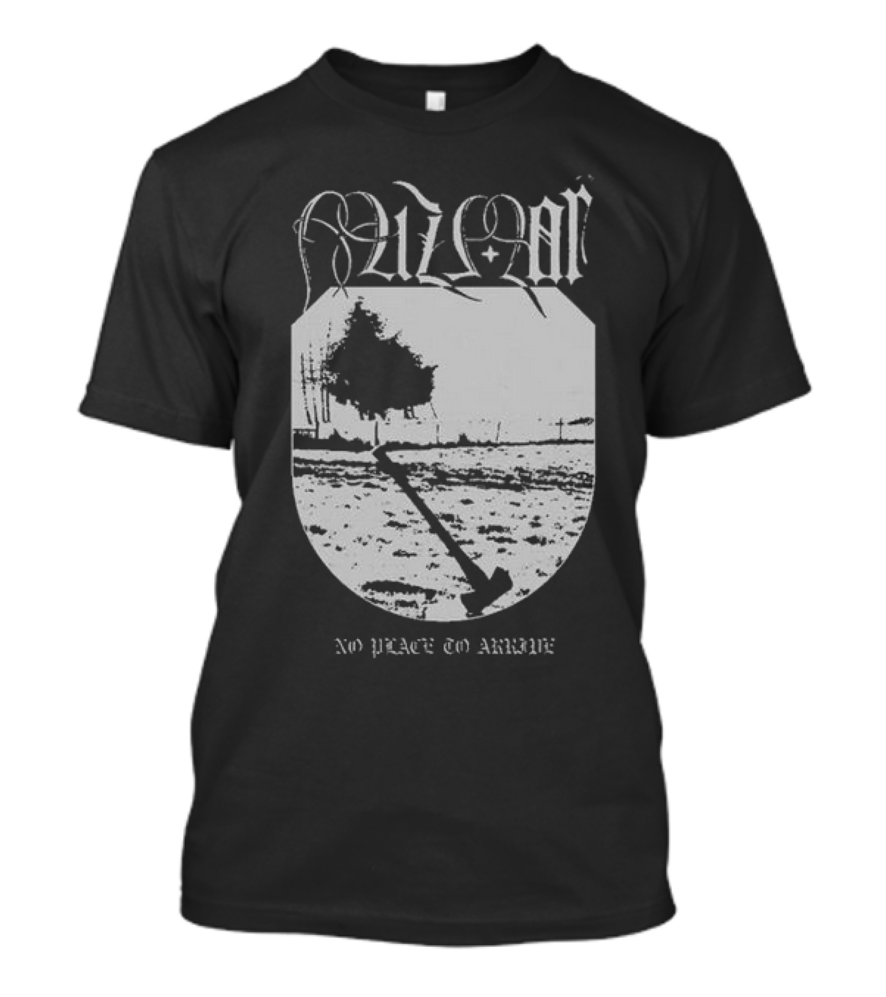Mizmor No Place To Arriwe Black Metal Shield And Forest Scene T-Shirt