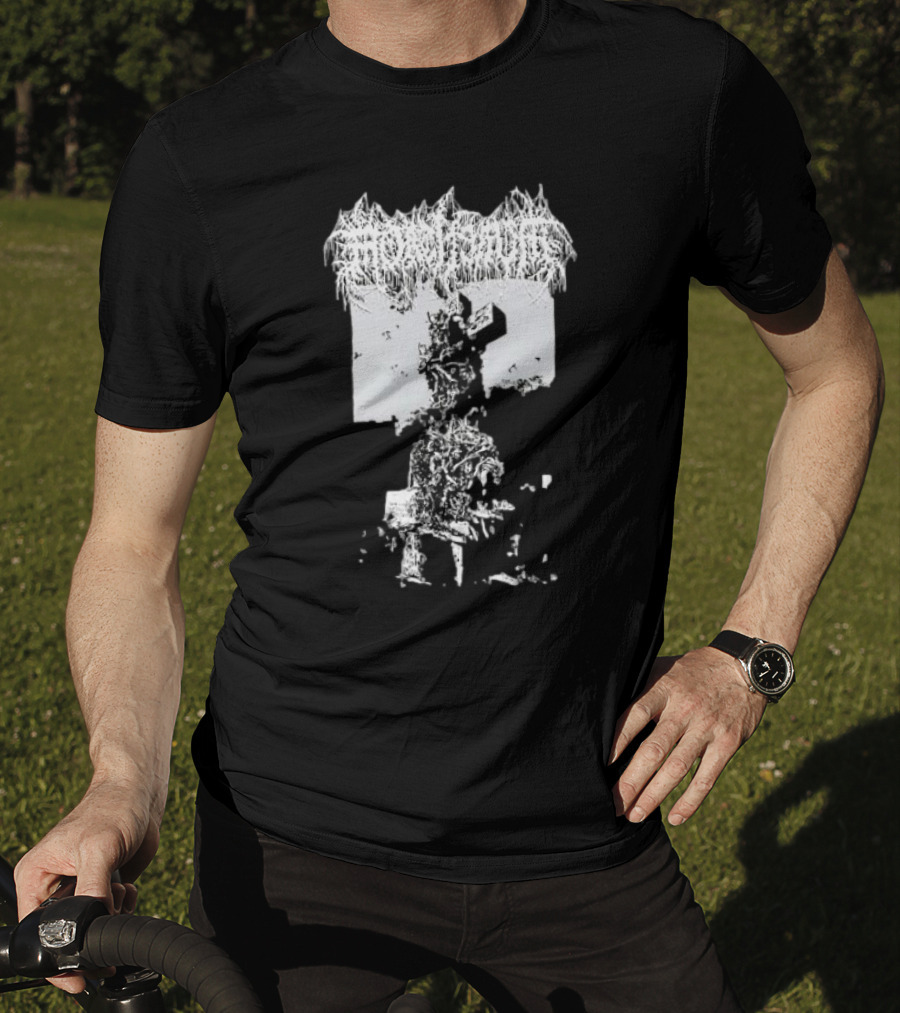 Mortiferum Burial Stone Cross Death Metal Band Logo With Gothic Cemetery T-Shirt