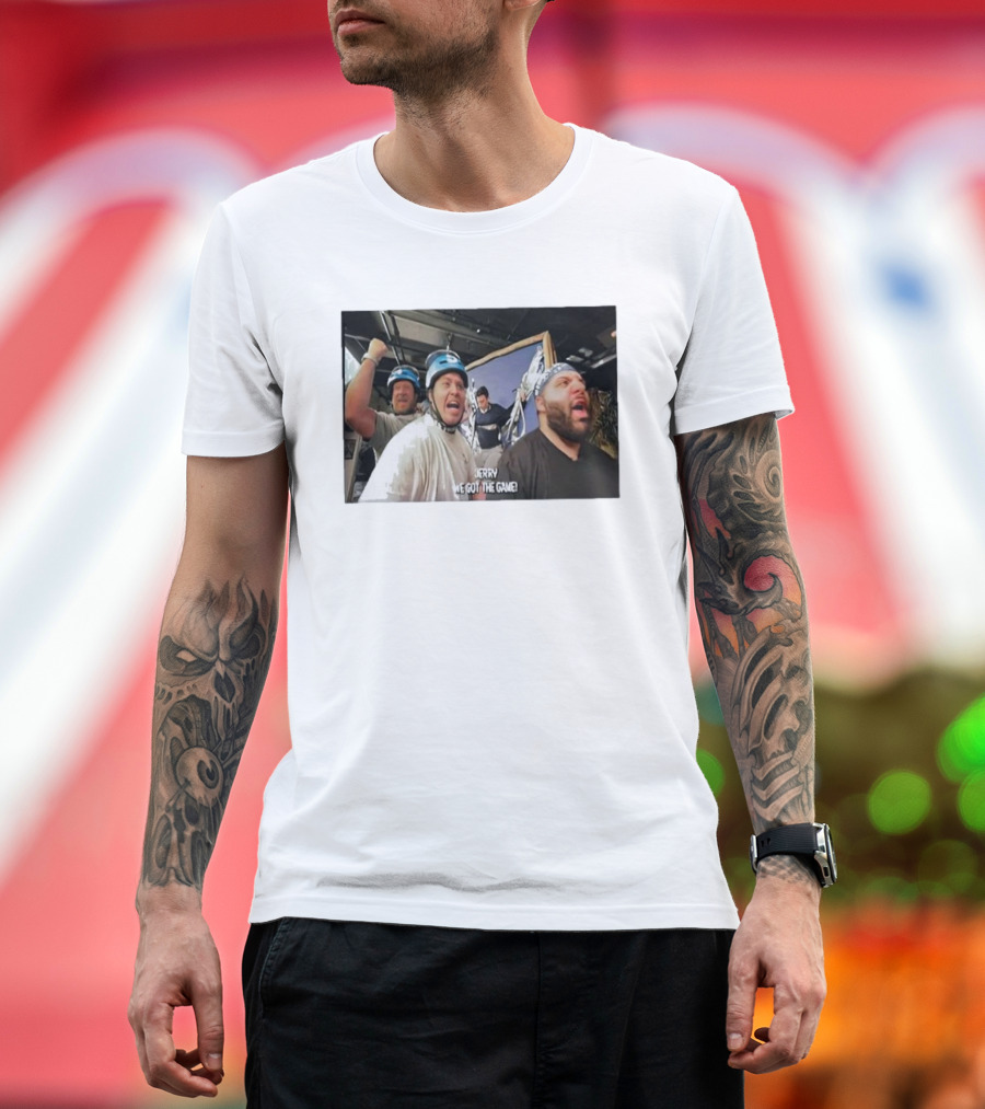 Jerry We Got The Game Helmet Enthusiasts Excitedly Celebrating with Arms Raised T-Shirt